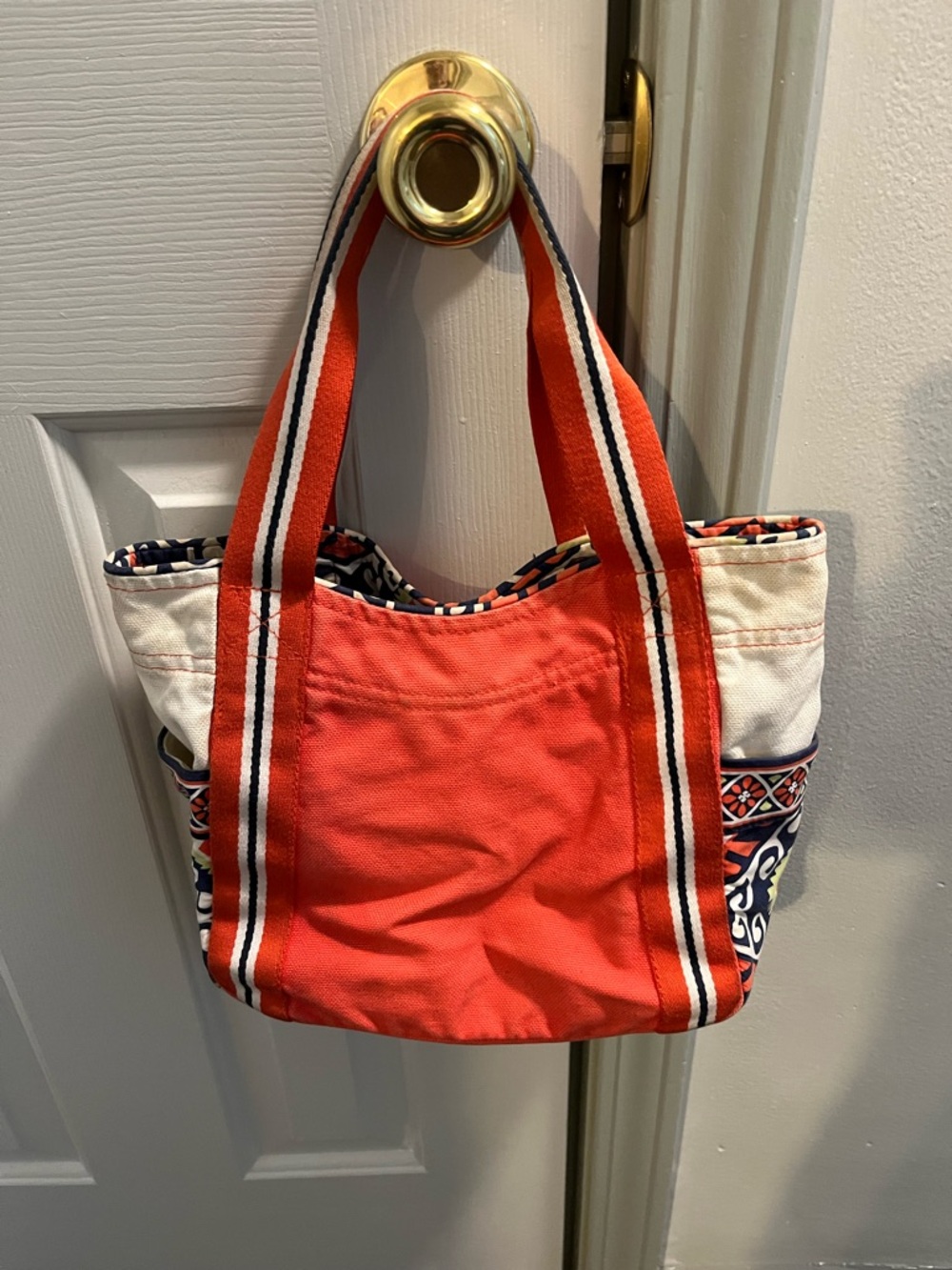 Orange Canvas Tote Bag with Navy Pattern